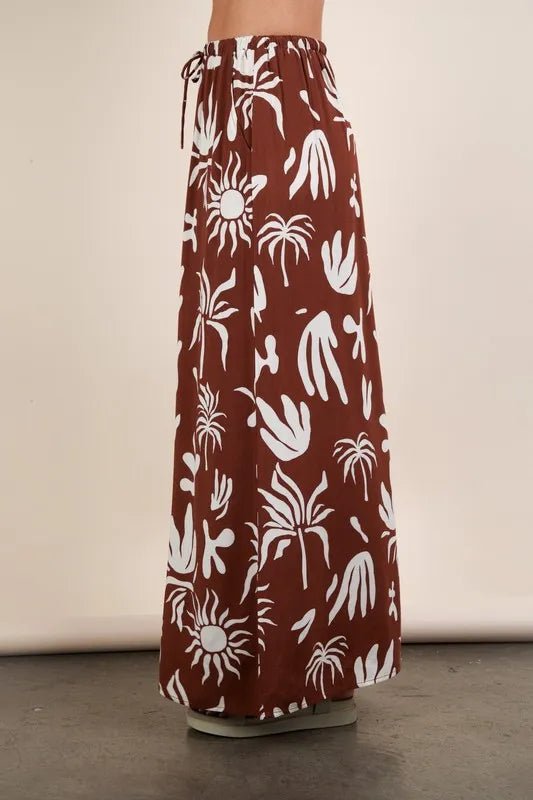 Very J - Rust Brown Tropical Leaf Print Maxi Skirt