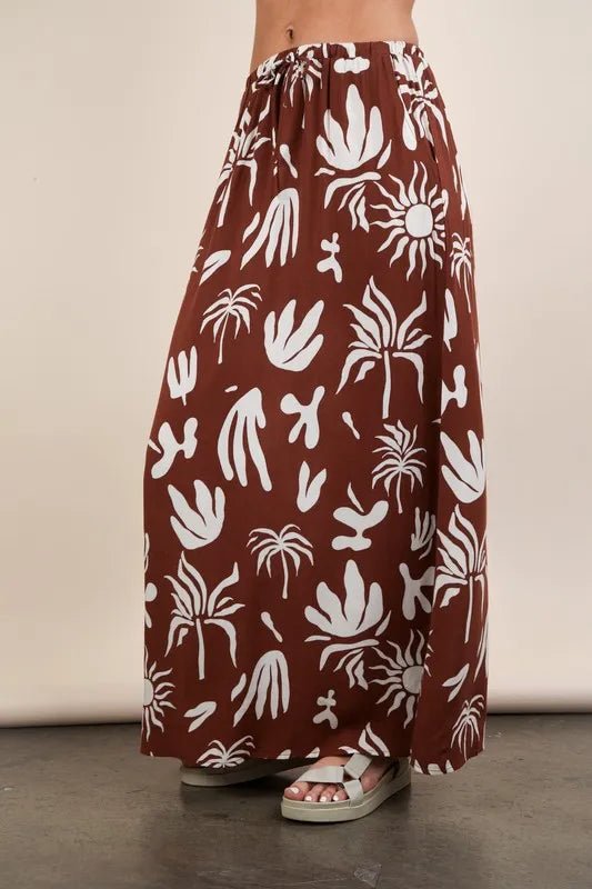 Very J - Rust Brown Tropical Leaf Print Maxi Skirt