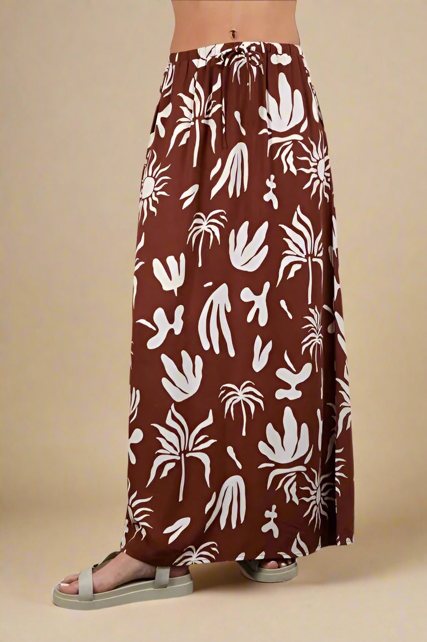 Very J - Rust Brown Tropical Leaf Print Maxi Skirt