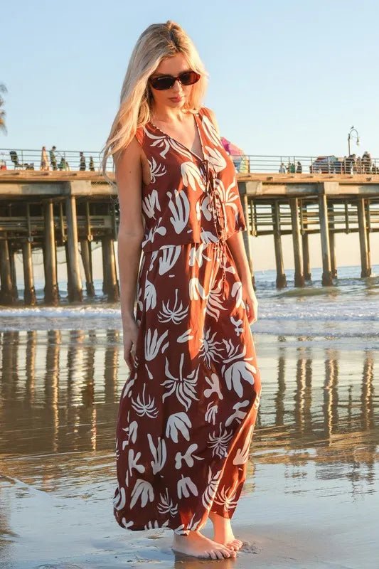 Very J - Rust Brown Tropical Leaf Print Maxi Skirt