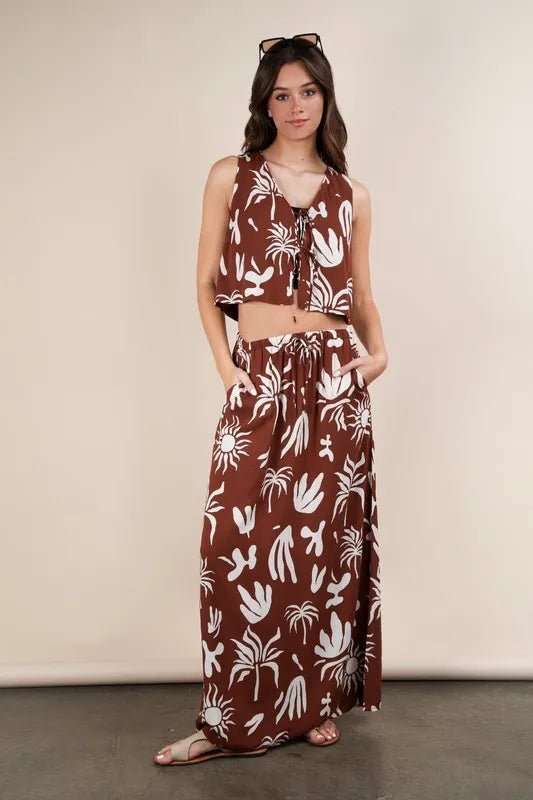 Very J - Rust Brown Tropical Leaf Print Maxi Skirt