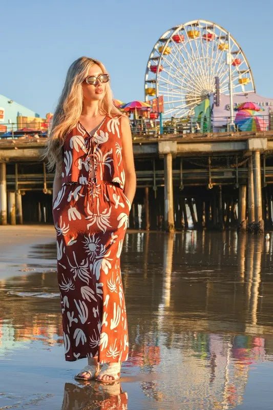 Very J - Rust Brown Tropical Leaf Print Maxi Skirt