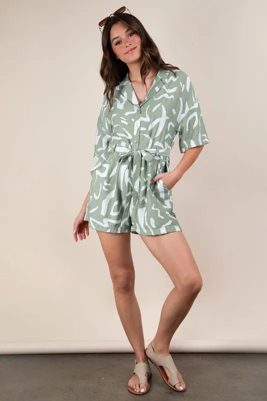 Very J - Sage Abstract Print Belted Romper