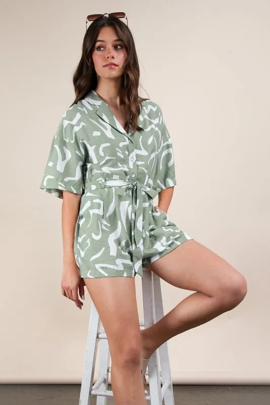 Very J - Sage Abstract Print Belted Romper