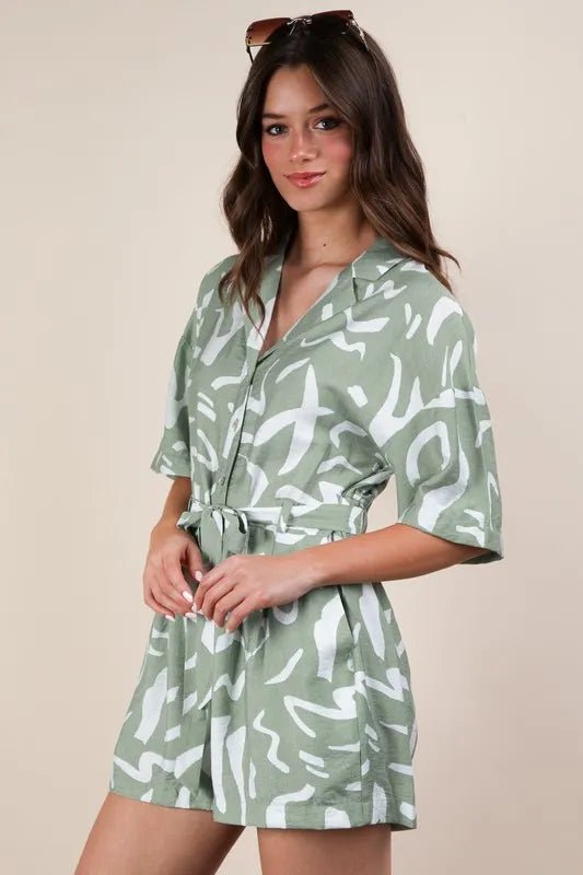 Very J - Sage Abstract Print Belted Romper