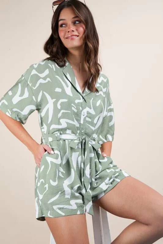 Very J - Sage Abstract Print Belted Romper