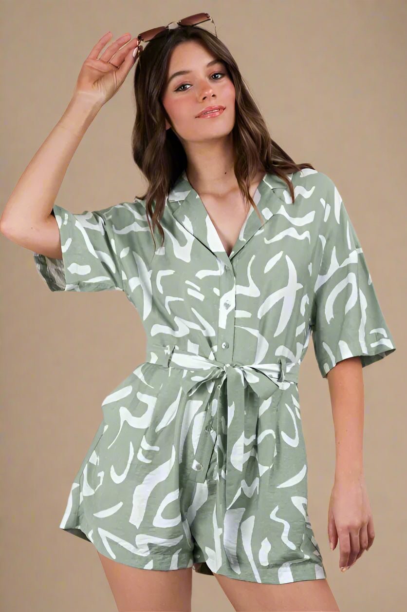 Very J - Sage Abstract Print Belted Romper