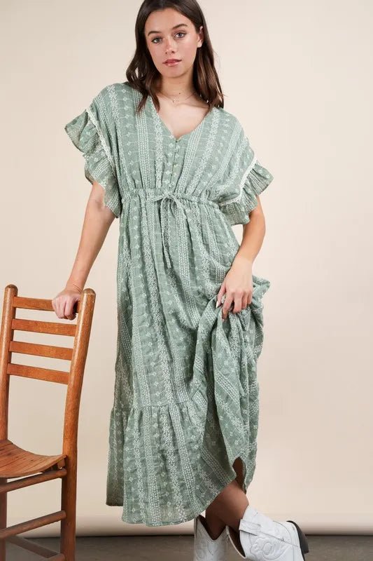 Very J - Sage Green Boho Midi Dress with Ruffle Sleeves