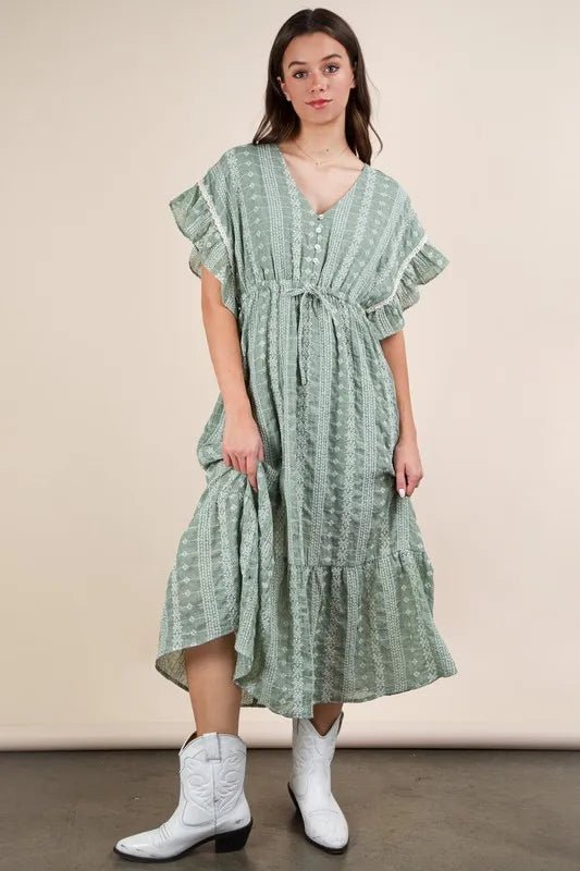 Very J - Sage Green Boho Midi Dress with Ruffle Sleeves
