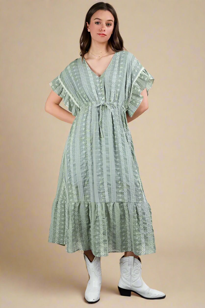Very J - Sage Green Boho Midi Dress with Ruffle Sleeves