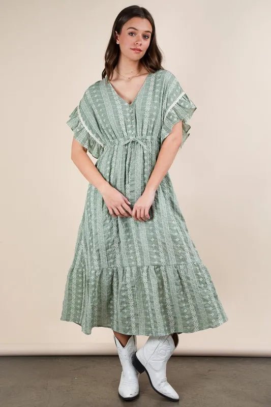 Very J - Sage Green Boho Midi Dress with Ruffle Sleeves