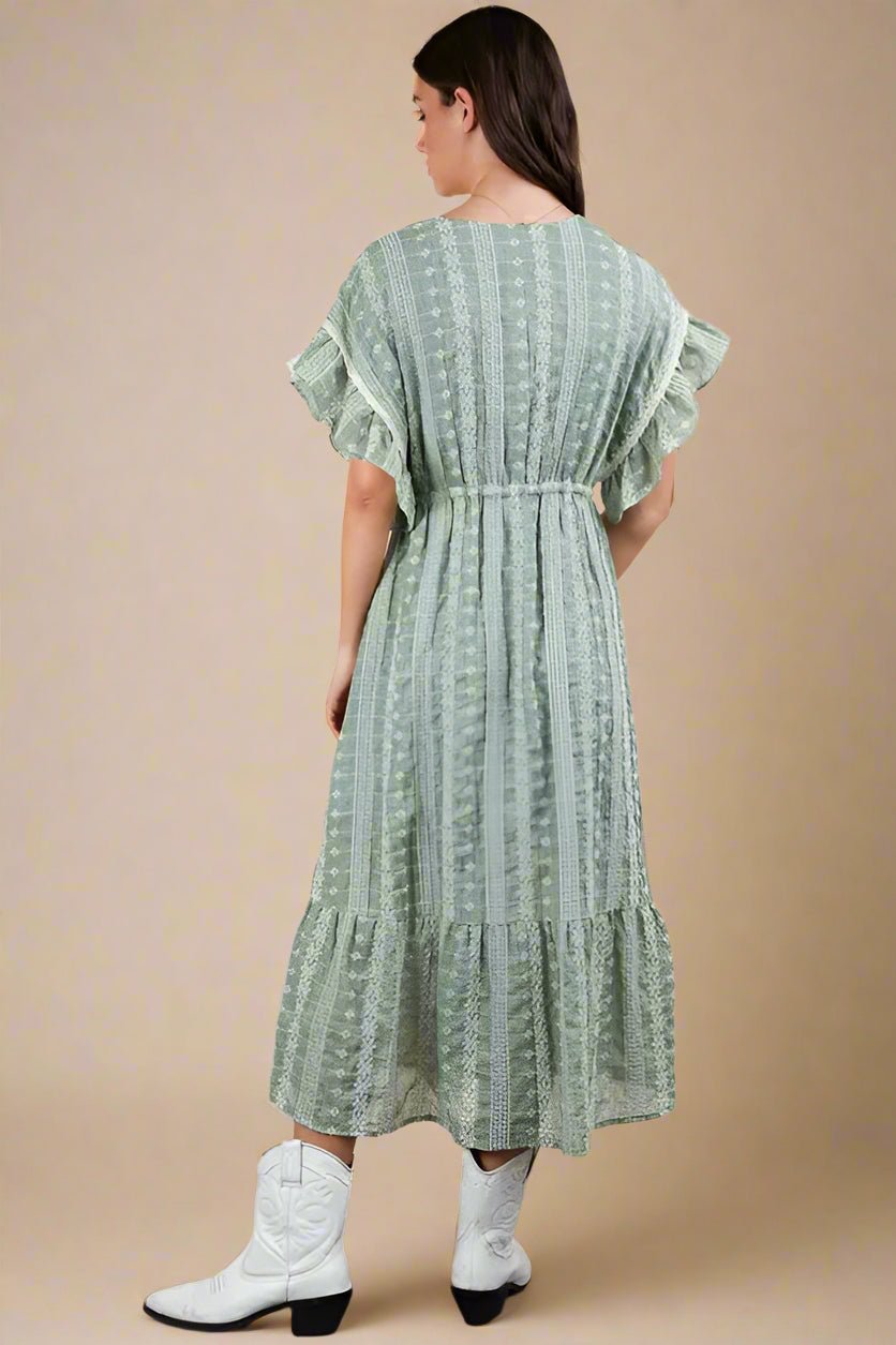 Very J - Sage Green Boho Midi Dress with Ruffle Sleeves