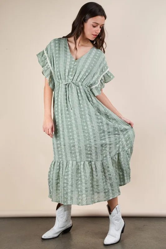 Very J - Sage Green Boho Midi Dress with Ruffle Sleeves