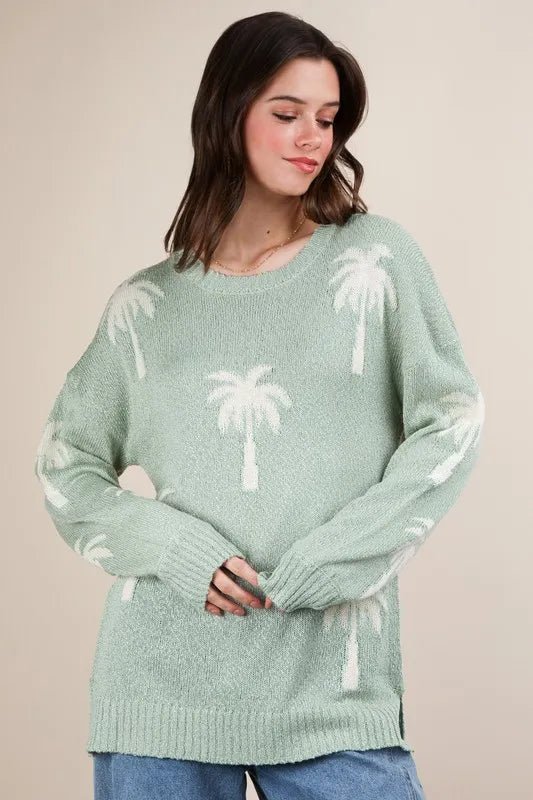Very J - Sage Palm Tree Knit Pullover Sweater