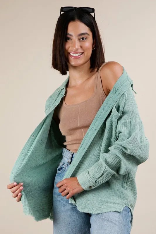 Very J - Sage Textured Button Down Shirt