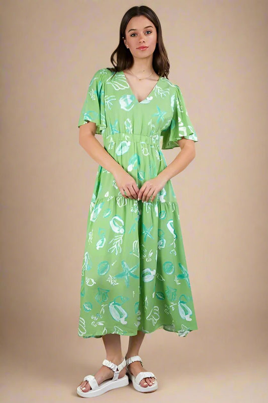Very J - Seafoam Shell Print V - Neck Midi Dress
