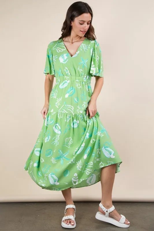 Very J - Seafoam Shell Print V - Neck Midi Dress