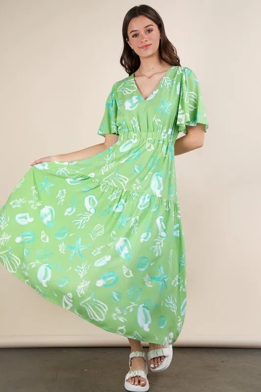 Very J - Seafoam Shell Print V - Neck Midi Dress