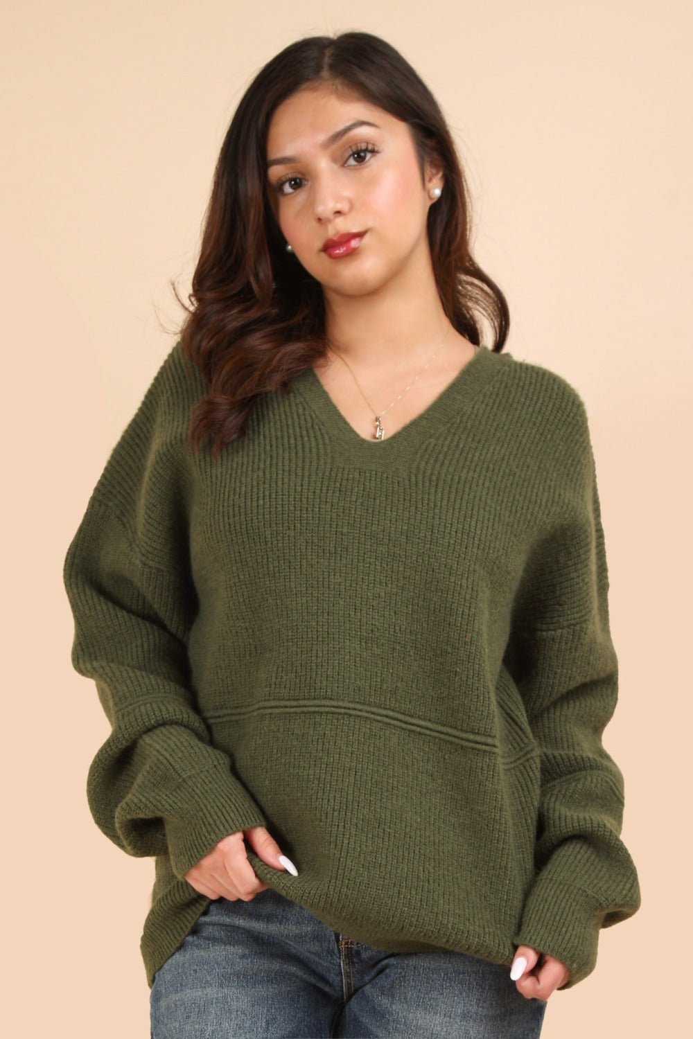 Very J - Seam Detail Drop Shoulder Hooded Sweater in Olive