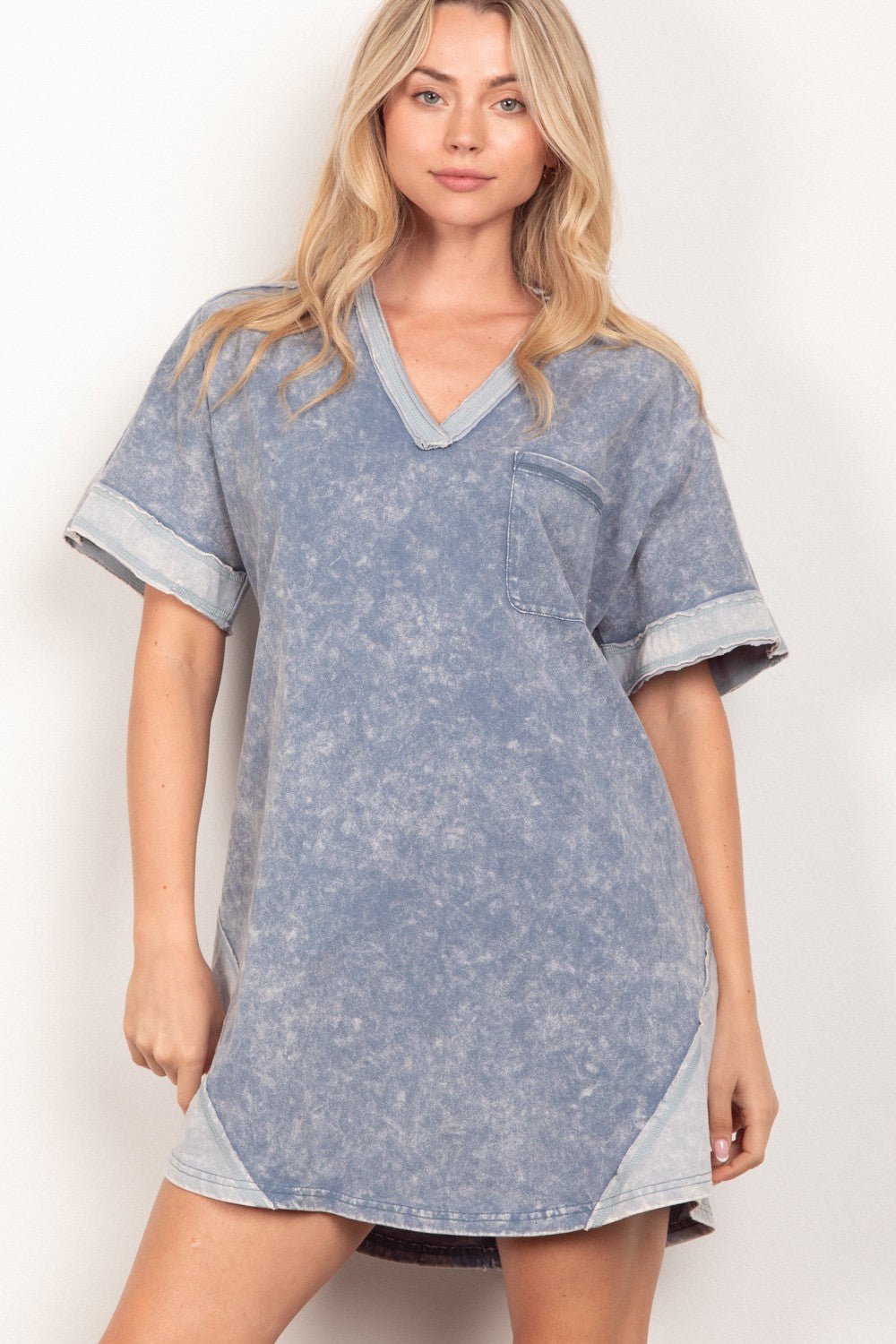 Very J - Short Sleeve V - Neck Mini Tee Dress in Denim Blue