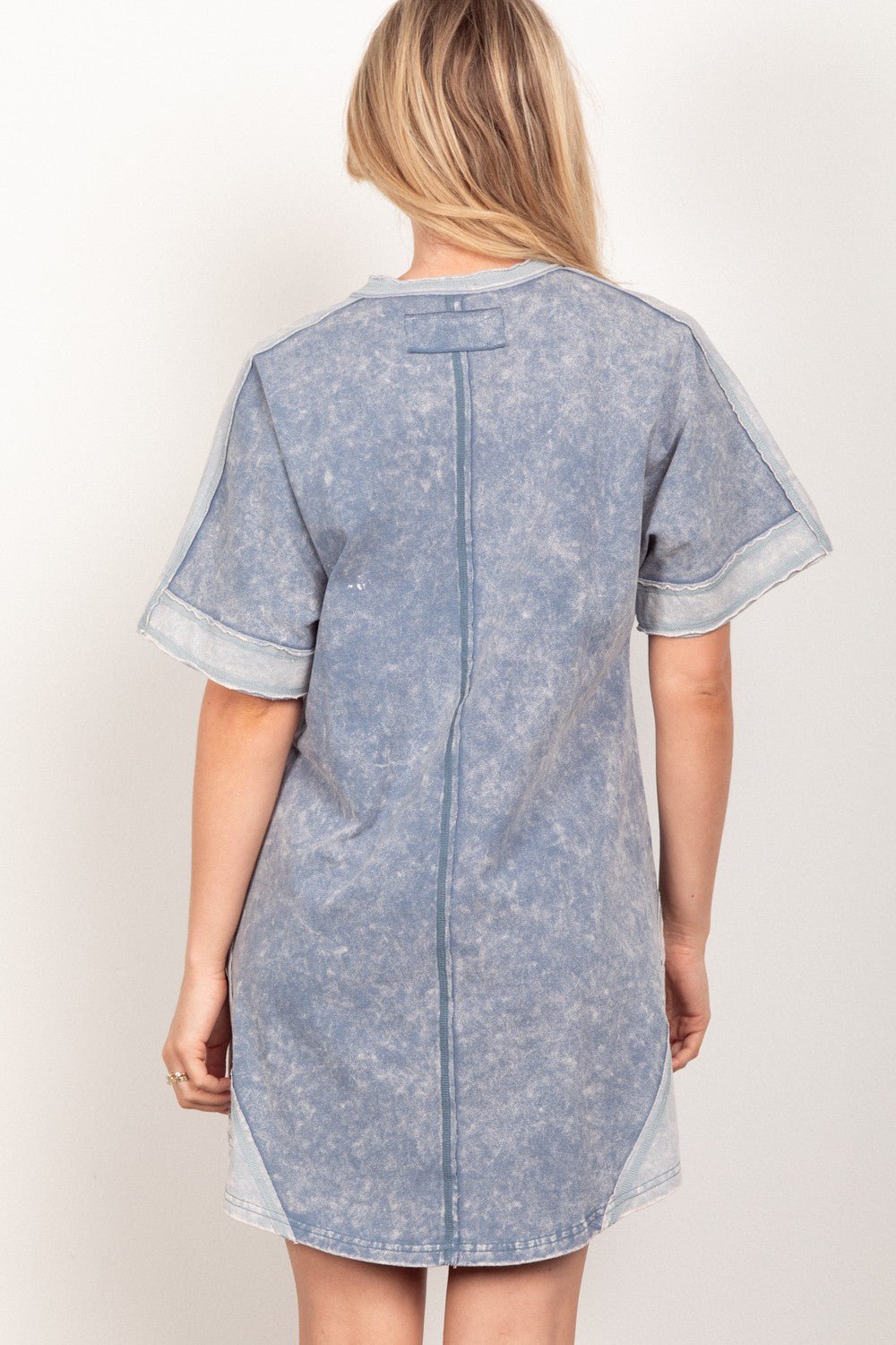 Very J - Short Sleeve V - Neck Mini Tee Dress in Denim Blue