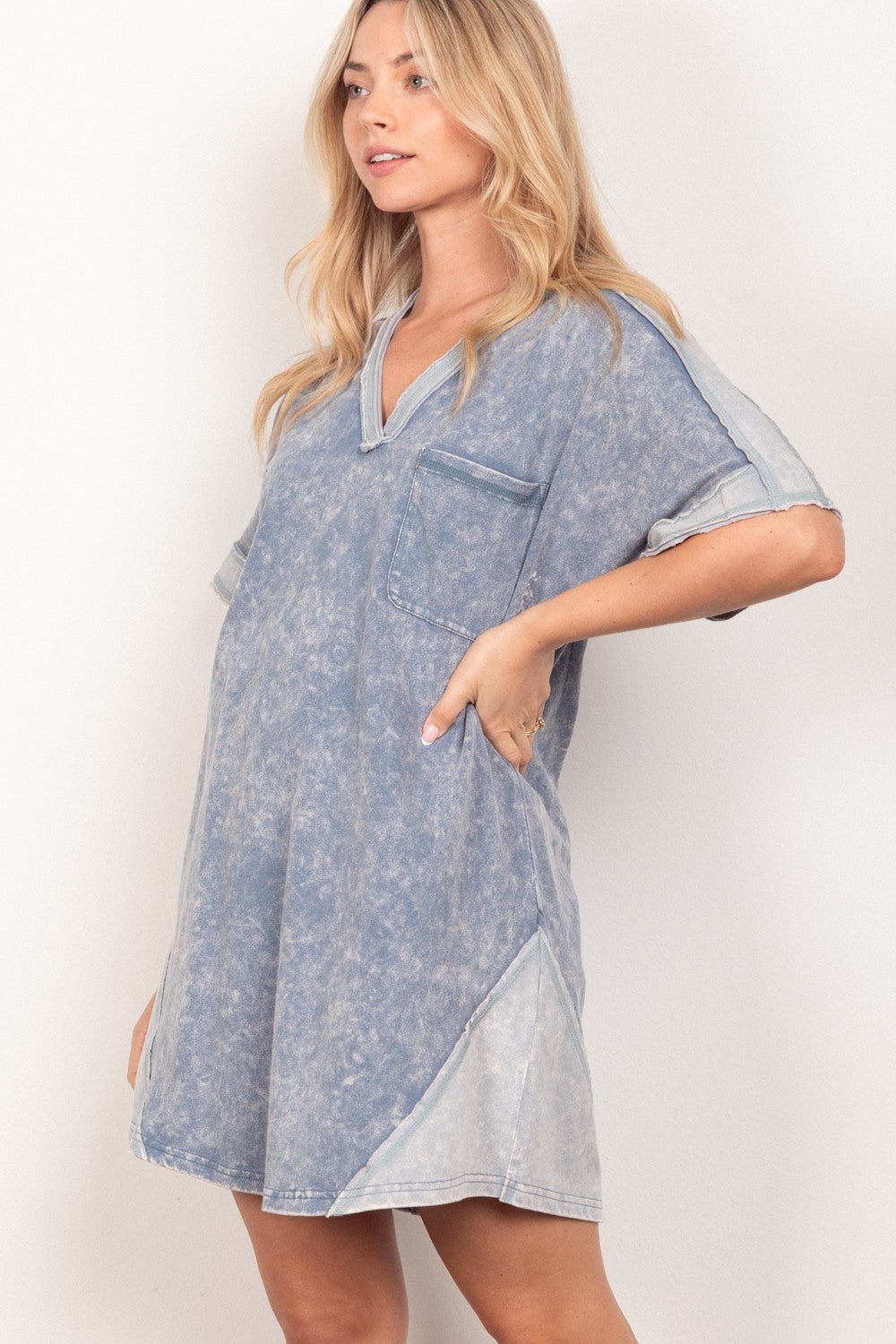 Very J - Short Sleeve V - Neck Mini Tee Dress in Denim Blue