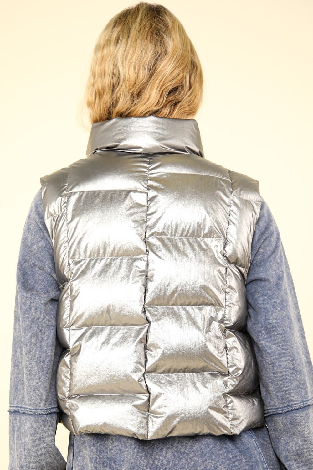 Very J - Silver Shiny Metallic Zip Up Puffer Vest