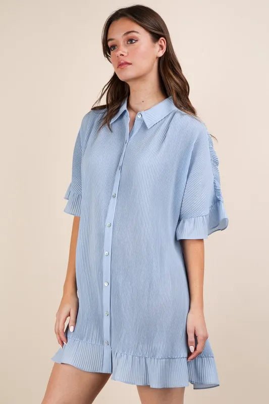 Very J - Sky Blue Pleated Button - Down Ruffle Hem Mini Dress