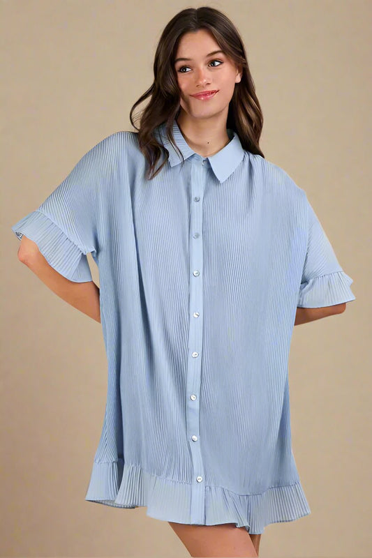 Very J - Sky Blue Pleated Button - Down Ruffle Hem Mini Dress