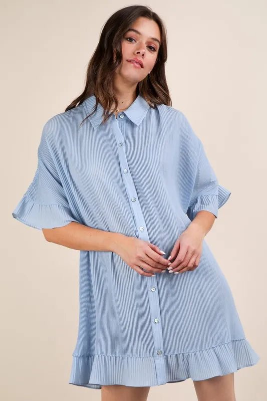 Very J - Sky Blue Pleated Button - Down Ruffle Hem Mini Dress