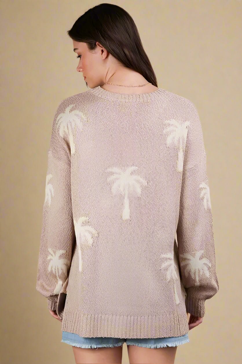 Very J - Tan Palm Tree Knit Pullover Sweater