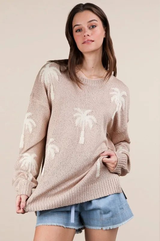 Very J - Tan Palm Tree Knit Pullover Sweater