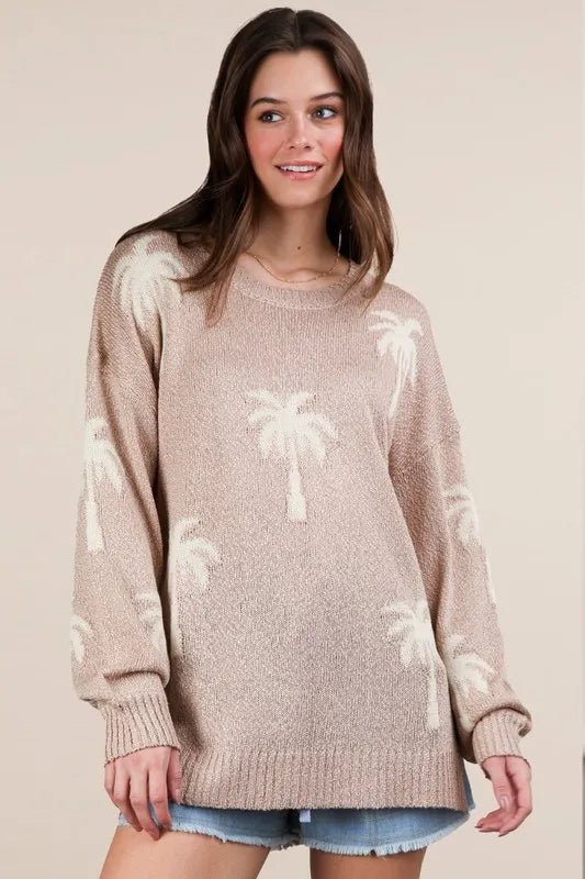 Very J - Tan Palm Tree Knit Pullover Sweater