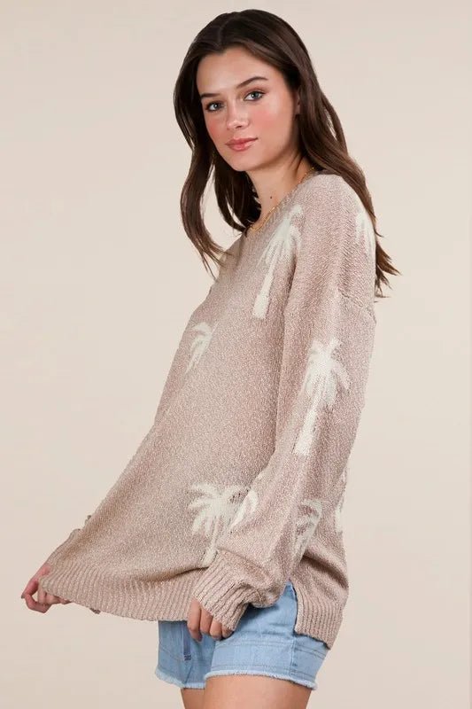 Very J - Tan Palm Tree Knit Pullover Sweater