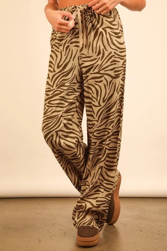 Very J - Taupe & Olive Zebra Print Wide Leg Pants