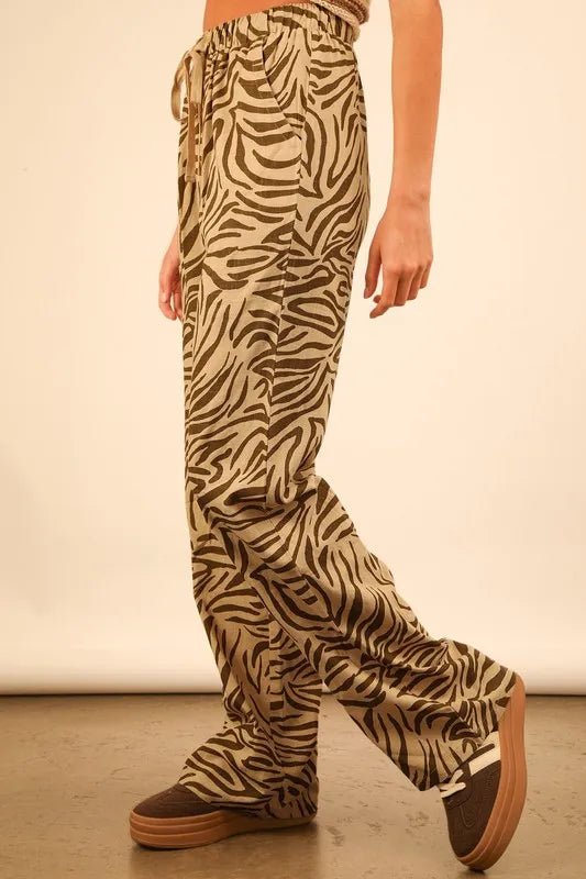 Very J - Taupe & Olive Zebra Print Wide Leg Pants