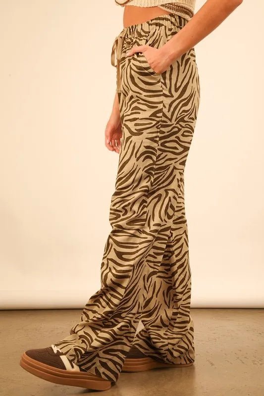 Very J - Taupe & Olive Zebra Print Wide Leg Pants