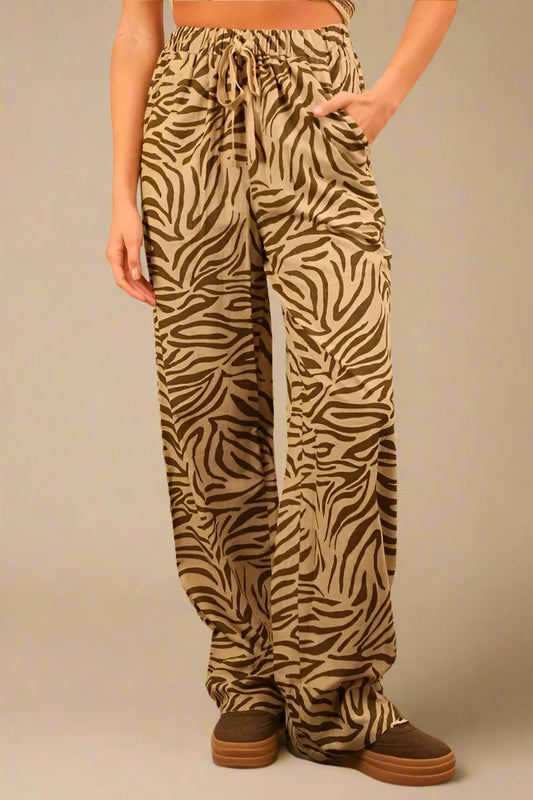 Very J - Taupe & Olive Zebra Print Wide Leg Pants