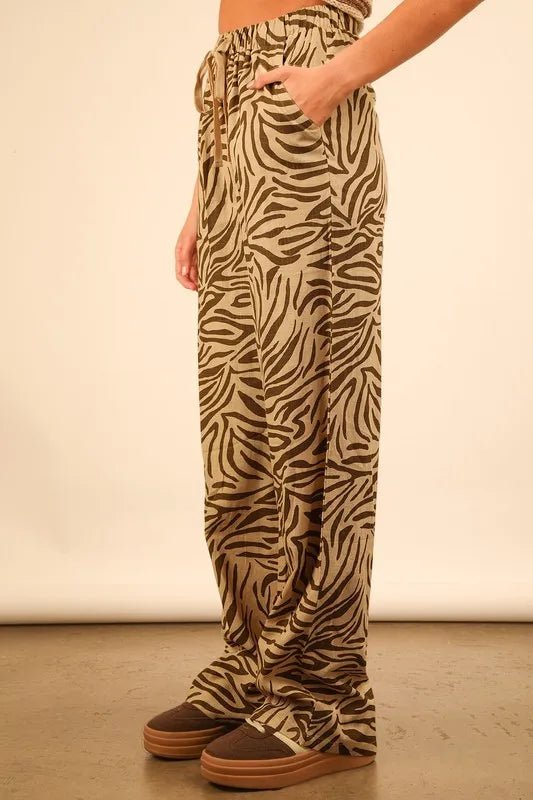 Very J - Taupe & Olive Zebra Print Wide Leg Pants