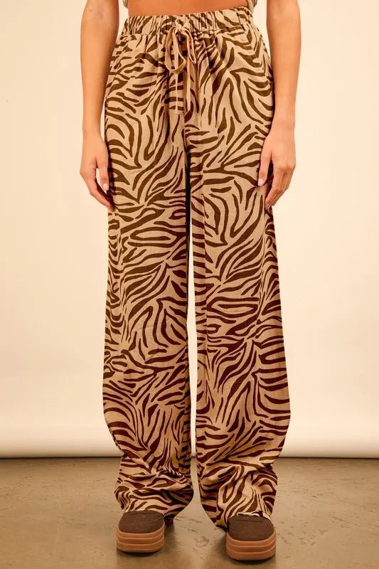 Very J - Taupe & Olive Zebra Print Wide Leg Pants