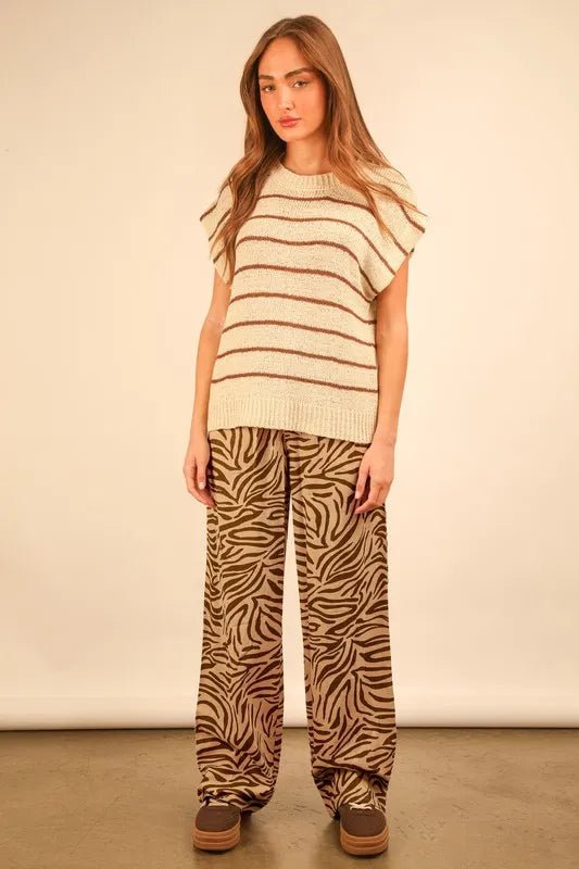 Very J - Taupe & Olive Zebra Print Wide Leg Pants