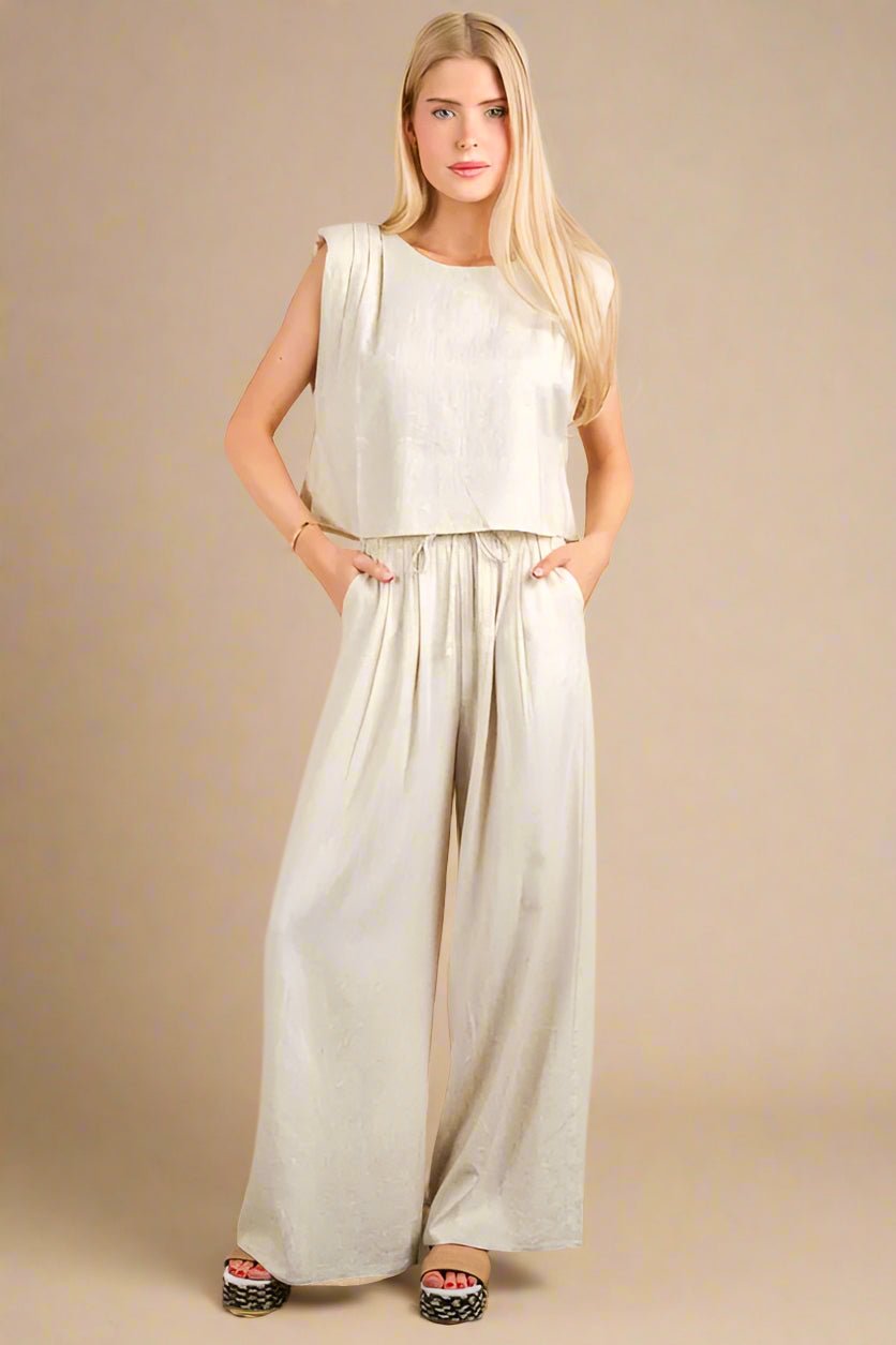 Very J - Textured Crop Top & Wide Leg Pant Set – Natural Beige