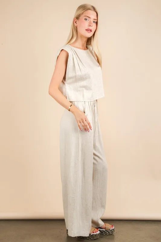 Very J - Textured Crop Top & Wide Leg Pant Set – Natural Beige