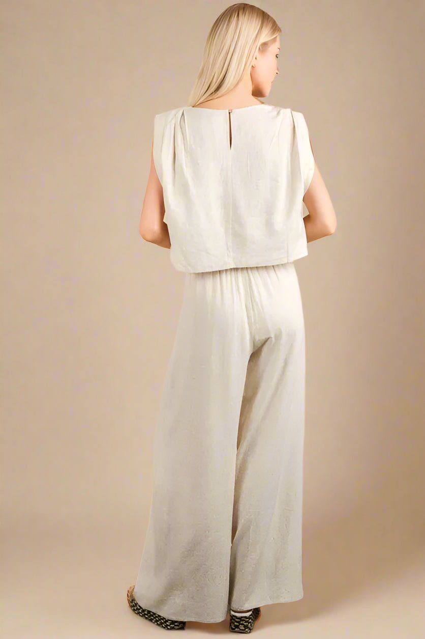 Very J - Textured Crop Top & Wide Leg Pant Set – Natural Beige