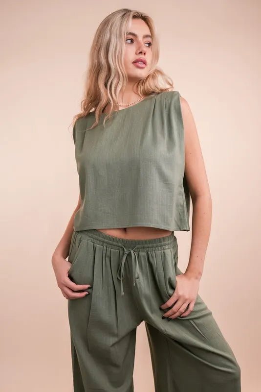Very J - Textured Crop Top & Wide Leg Pant Set – Olive Green