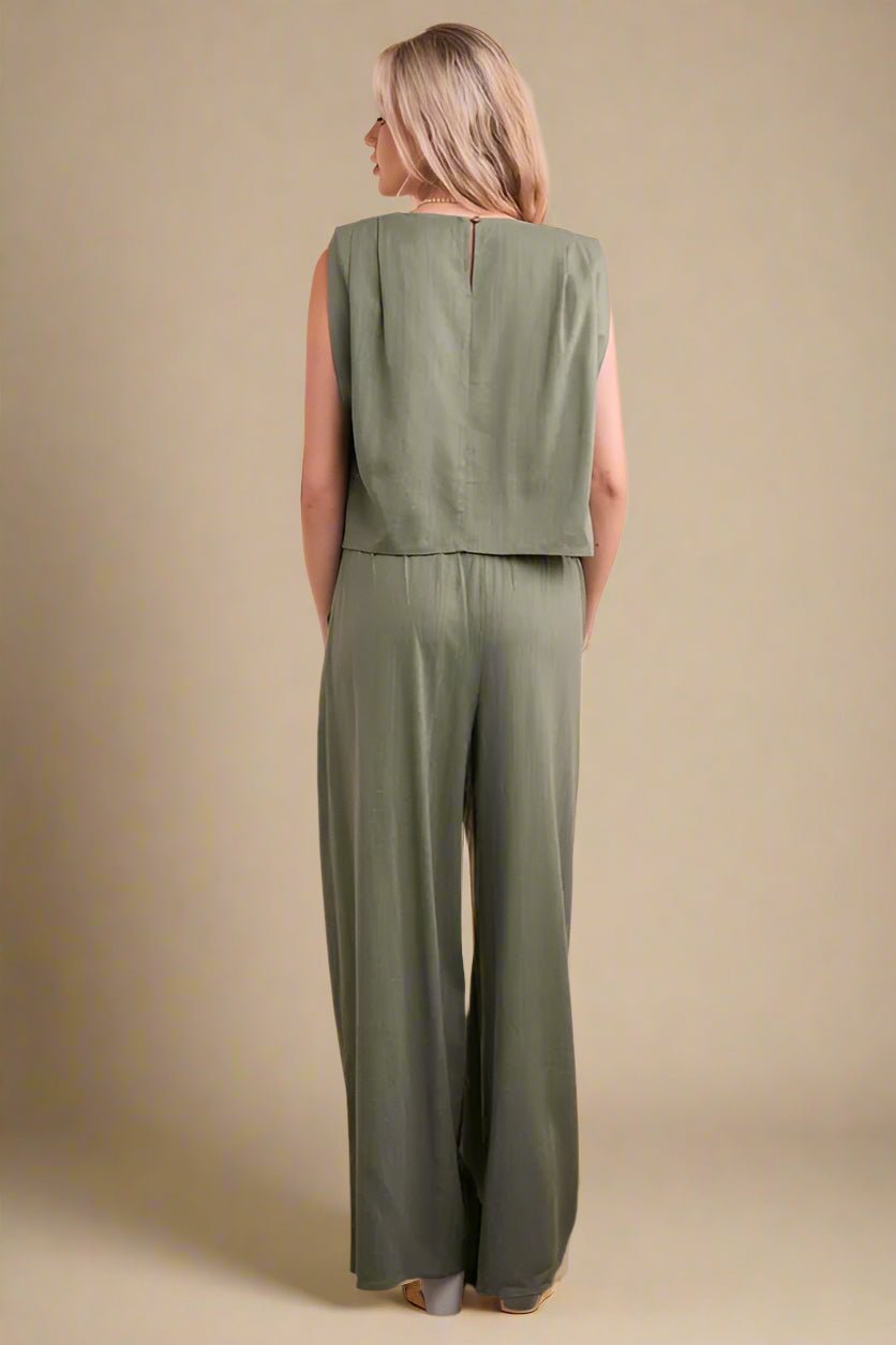 Very J - Textured Crop Top & Wide Leg Pant Set – Olive Green