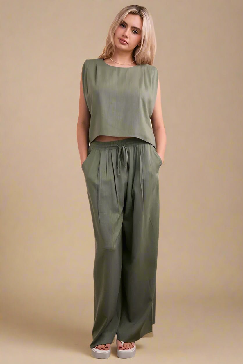 Very J - Textured Crop Top & Wide Leg Pant Set – Olive Green