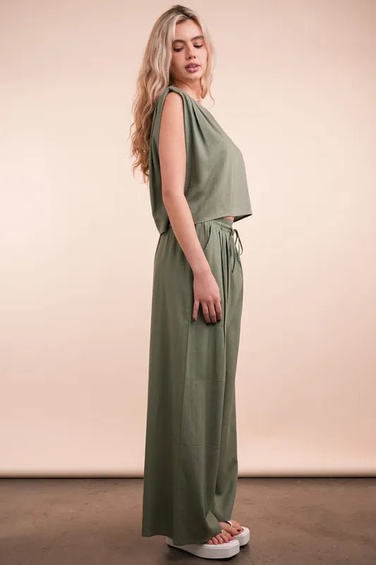 Very J - Textured Crop Top & Wide Leg Pant Set – Olive Green