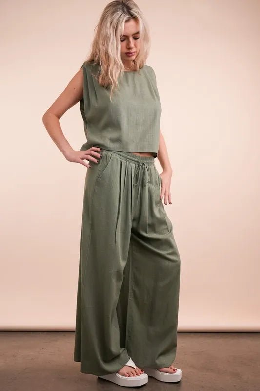 Very J - Textured Crop Top & Wide Leg Pant Set – Olive Green