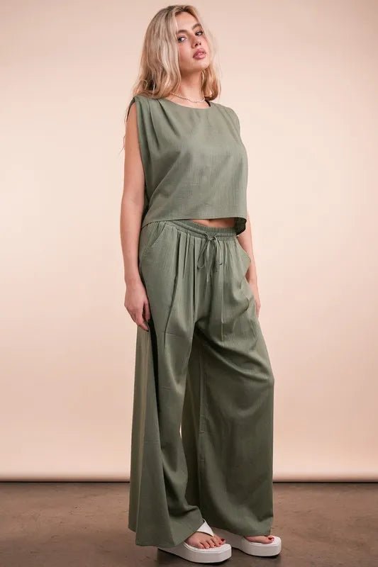 Very J - Textured Crop Top & Wide Leg Pant Set – Olive Green